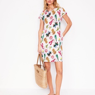 棉质舒适印花休闲时尚 圆领落肩短袖 连衣裙有口袋女 新品 英国单夏季