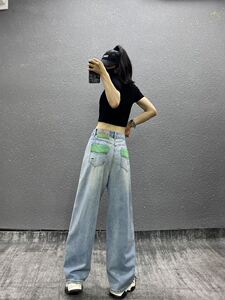 2023新款高腰宽松显瘦休闲直筒裤个性彩色拼接口袋破洞薄款牛仔裤
