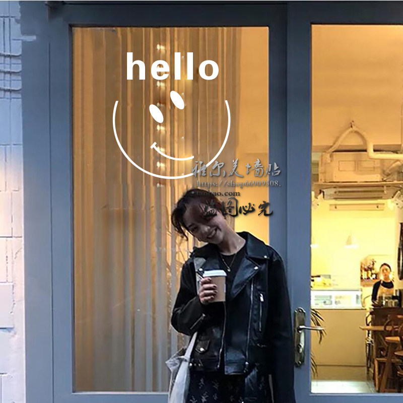 ins风个性英文字母墙贴纸房间装饰玻璃女服装店镜子贴画笑脸hello