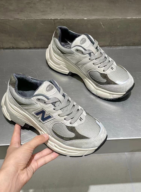 老爹鞋ins潮网面灰色N字鞋2023秋季新款韩版真皮透气休闲运动鞋