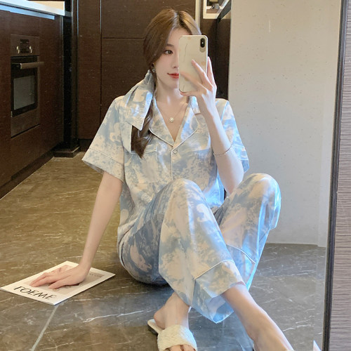 夏季薄款桑蚕丝开衫短袖长裤