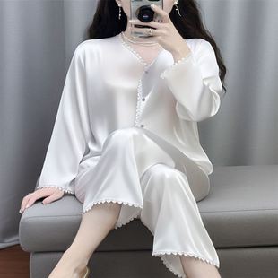 维多利亚春秋季 家居服 轻奢桑蚕丝睡衣女长袖 高级真丝绸白色套装