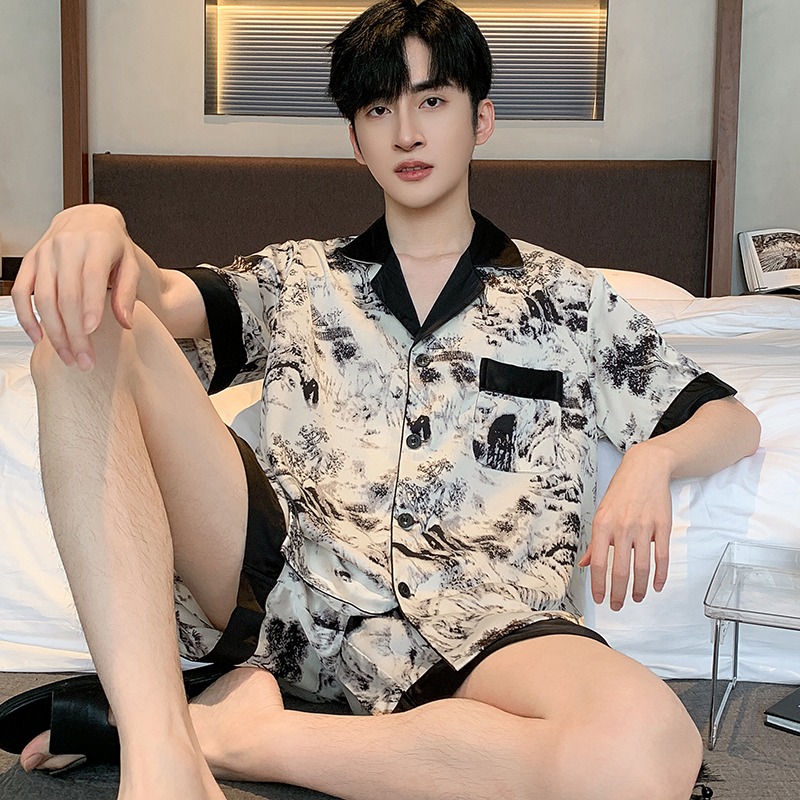 睡衣男士夏季桑蚕丝短袖短裤