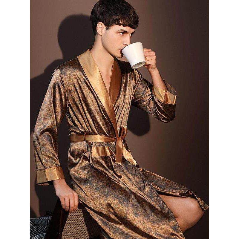 定制刺绣睡袍男款夏季薄款真丝中长款桑蚕丝大码宽松睡衣晨袍浴袍