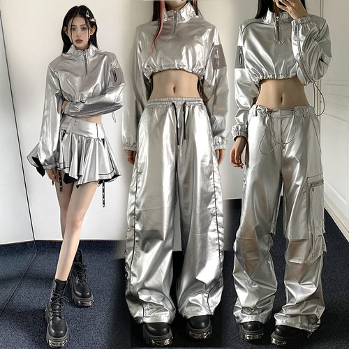 未来感辣妹机车亮银色长袖卫衣