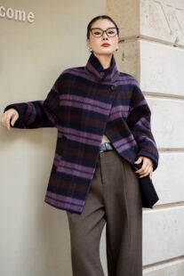 28962大衣女款2025新款秋冬高级条纹羊毛羊驼毛呢外套