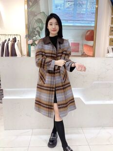 格子双面羊绒大衣女长款2024年秋冬单排扣气质娃娃领羊毛呢外套