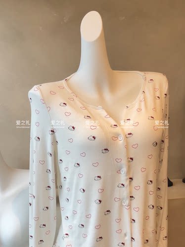 爱之礼HelloKitty白色显白干净俏皮可爱长袖睡衣套装带胸垫家居服