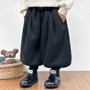 子宝宝灯笼裤 童装 2025冬季 竖条加厚儿童束脚哈伦裤 新款 男童加绒裤