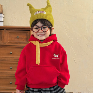 男童加绒卫衣连帽衫红色一体绒宝宝童装2025新款洋气秋冬儿童上衣