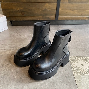 韩国风格 黑色增高短靴小个子百搭机车靴 潮英伦风厚底马丁靴女冬季