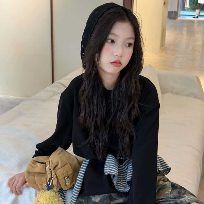 女童蕾丝连帽T恤衫2026秋季新款女宝韩版长袖打底衫上衣修身t恤韩