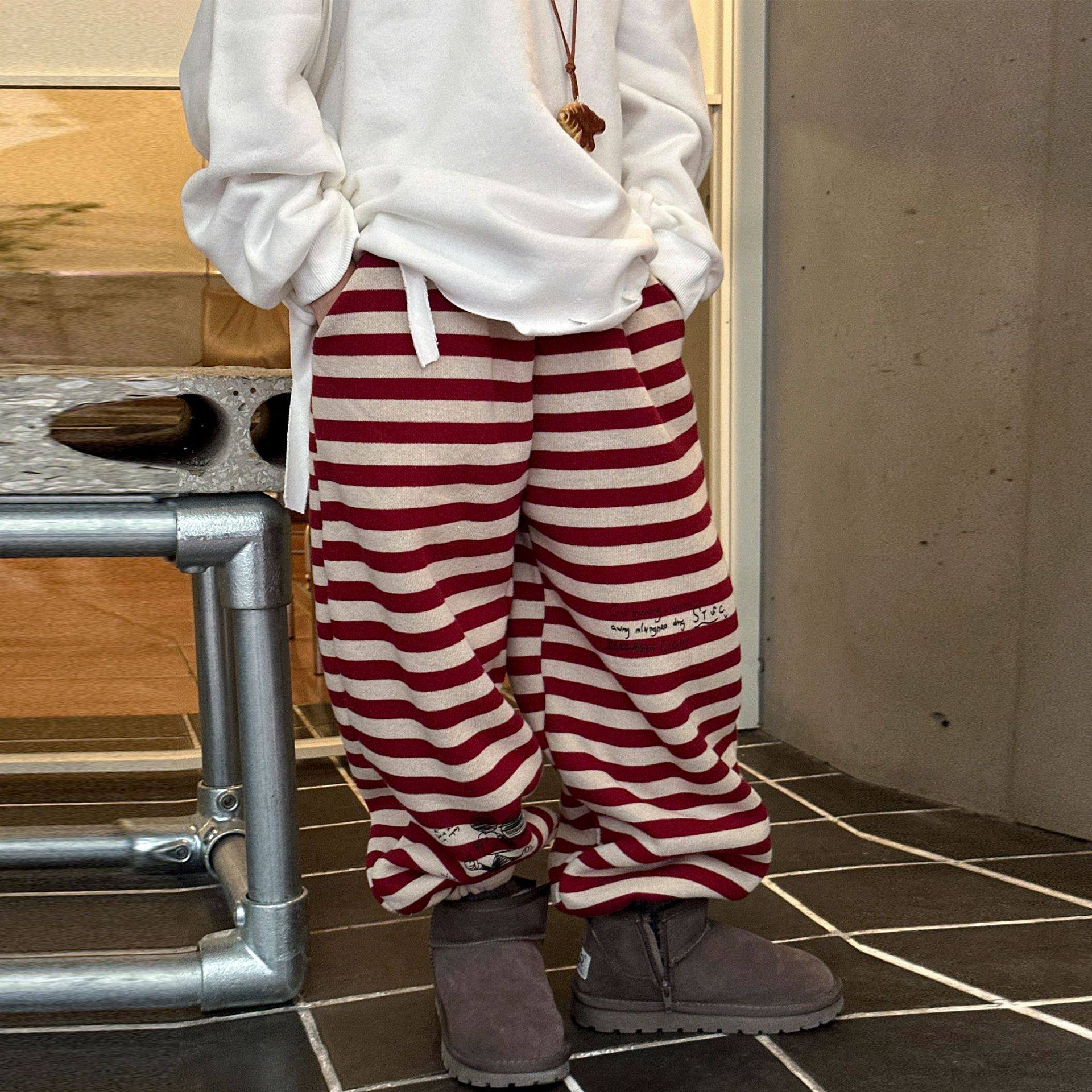 韩系童装男童冬款长裤2025新款儿童加绒条纹裤加厚保暖针织裤子潮