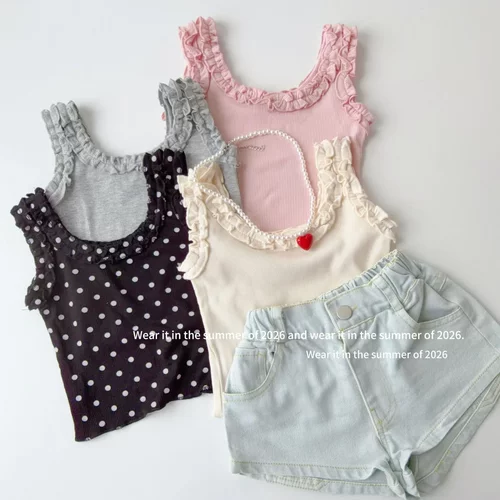2026韩版女童纯色木耳花边吊带 坑条打底儿童t背心清凉上衣夏装新