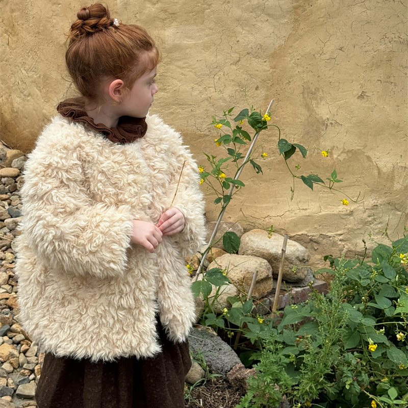 韩系保暖新 25冬季 女童时髦洋气外套 女童夹棉 羊卷毛仿皮草大衣