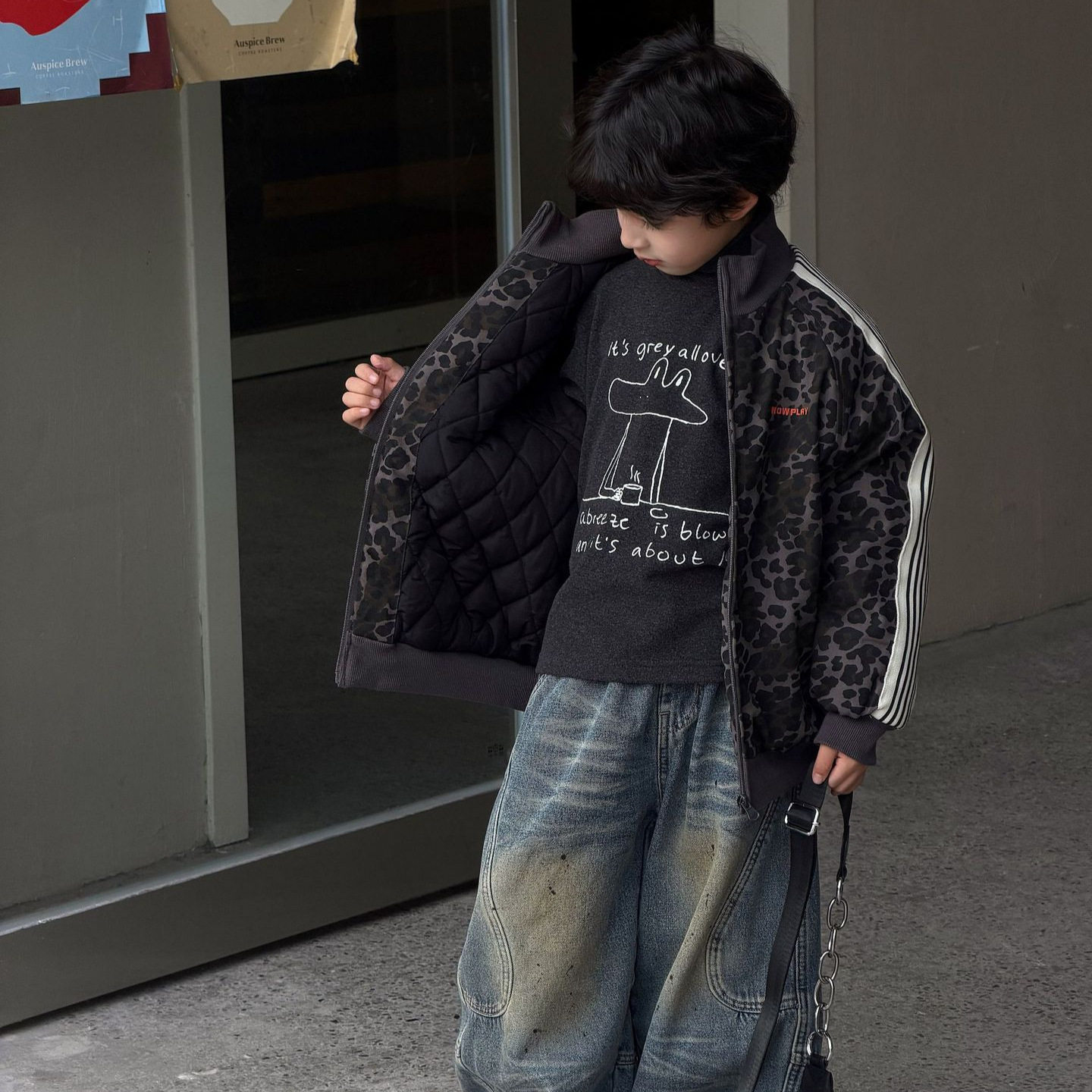韩系2026冬季新款韩版男童潮酷豹纹加厚夹棉豹纹外套儿童保暖上衣