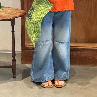 2026春季新款韩系童装女童裤子破洞牛仔裤宽松直筒休闲长裤子韩系