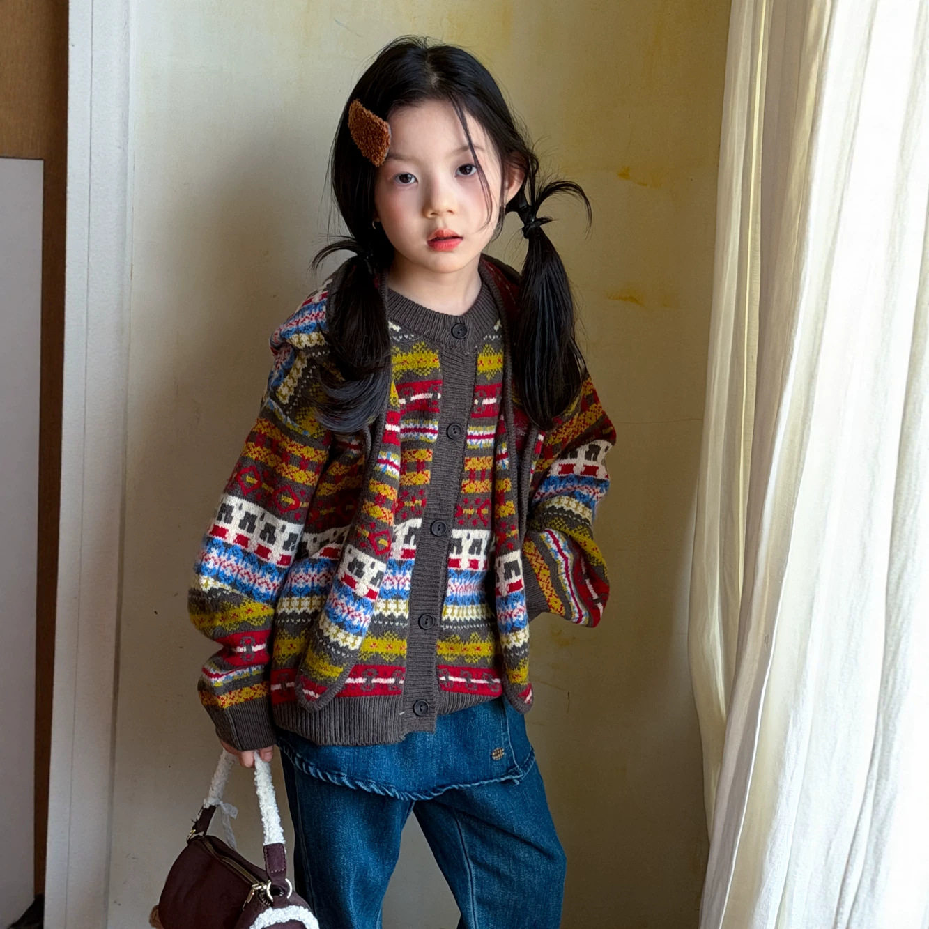 秋装韩童毛衣2026秋季女童费尔岛针织外套儿童休闲毛线可拆卸帽子