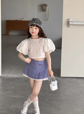 韩系夏装 女童白色泡泡袖衬衫 女宝宝夏季设计感露背绑带短款上衣