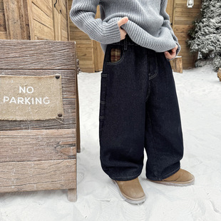 纯色百搭一体绒加厚格子袋儿童牛仔裤 韩系秋冬装 保暖加绒加厚下装