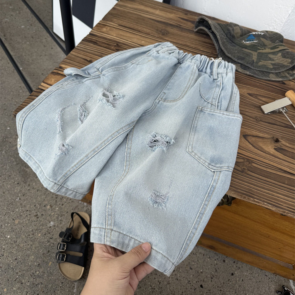 夏季儿童牛仔破洞七分裤男童女童薄款浅色帅气美式软牛仔裤子中裤