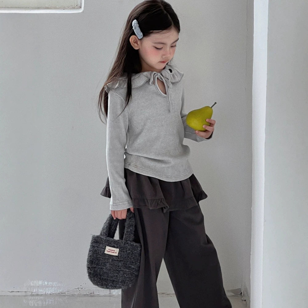 女童秋款上衣2026新款韩系童装女宝大翻领软糯气质针织T恤打底衫