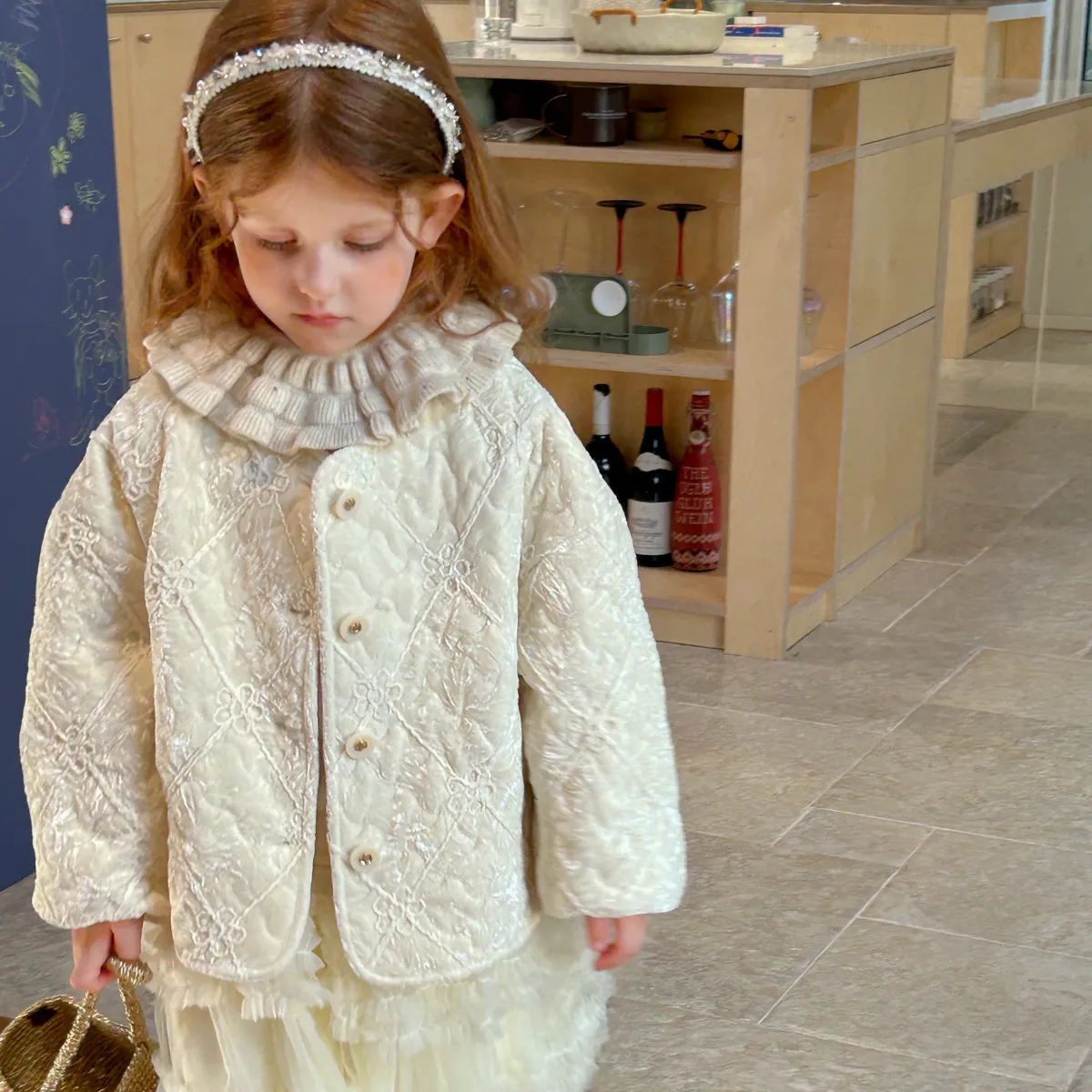 2025秋冬女童新款夹棉丝绒小香风花朵棉服绗绣外套开衫韩国秋冬新