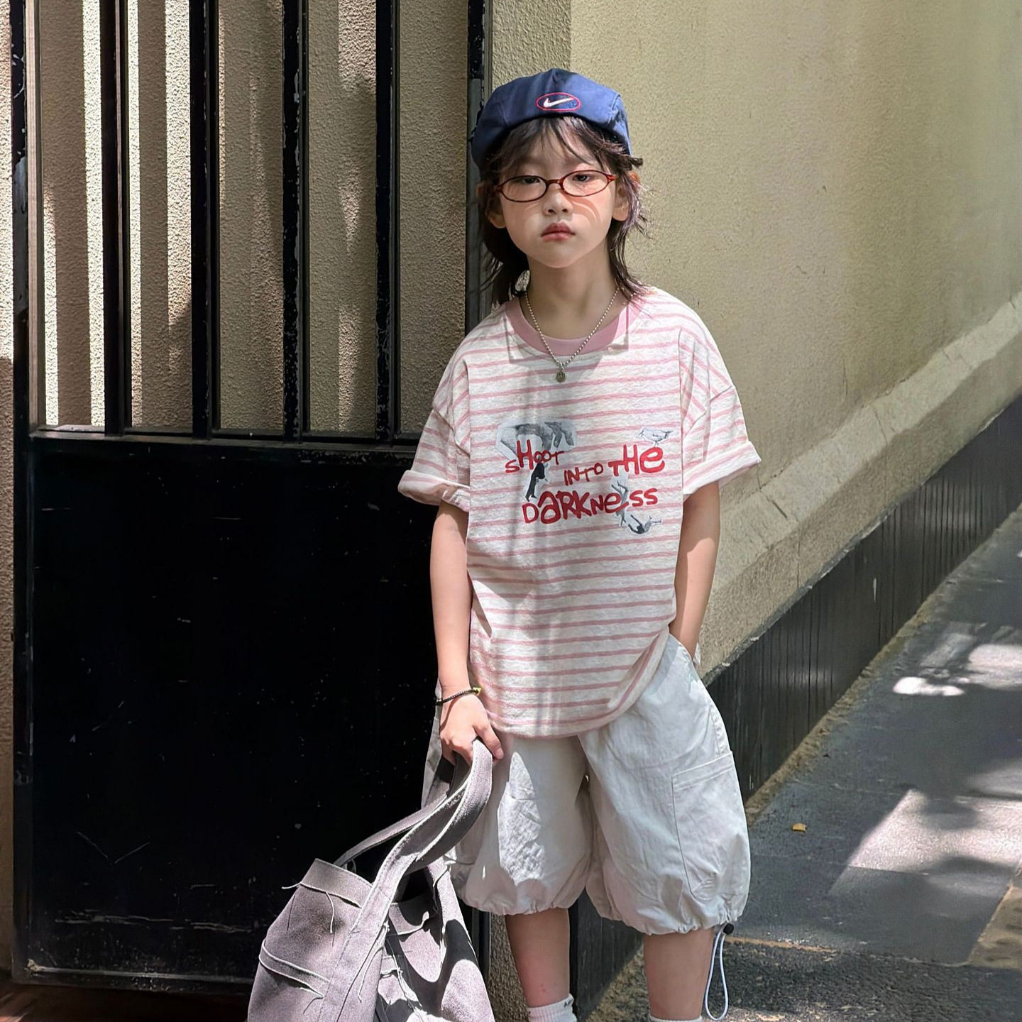 夏装 26夏季新品童装中小童男童字母卡通印花粉色条纹短袖T恤上衣