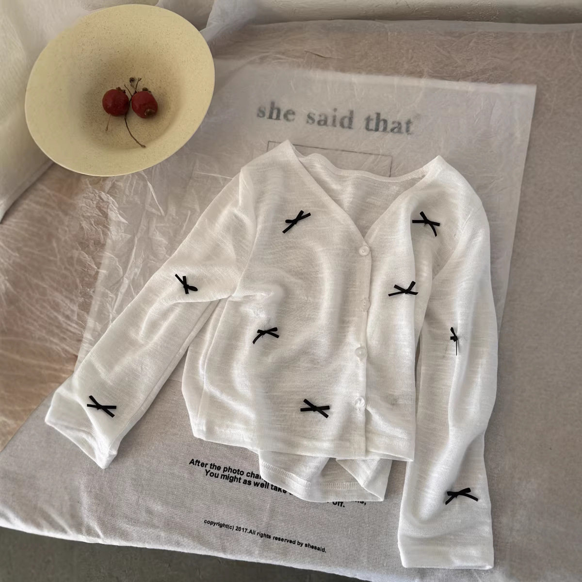 韩系春装女童夏季韩版针织薄款小开衫女宝宝立体蝴蝶结短款防晒服