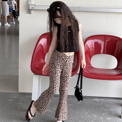 韩系夏装新 女童夏季新款韩版显瘦织带喇叭裤 儿童豹纹微喇裤长裤