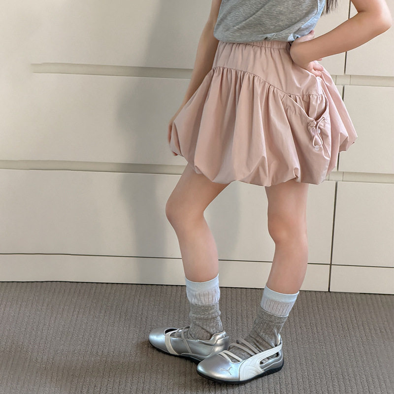 韩系夏装女童裙子甜美可爱公主半身裙双侧抽绳褶皱蓬松花苞短裙子