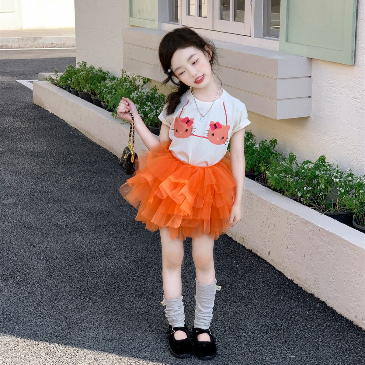 2026夏季新款女童洋气卡通亮钻短袖T恤+层层蛋糕纱纱半身裙子夏装