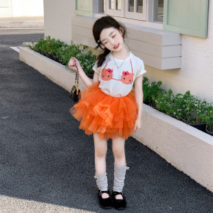 2026夏季新款女童洋气卡通亮钻短袖T恤+层层蛋糕纱纱半身裙子夏装