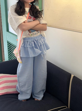 韩系童裤2026夏季女童韩版蓝色格子拼接休闲裤儿童甜美百搭长裤子
