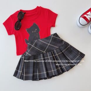 女童2026韩版 儿童上衣 卡通小猫正肩短袖 辣妹t 新 上衣T恤韩系夏装