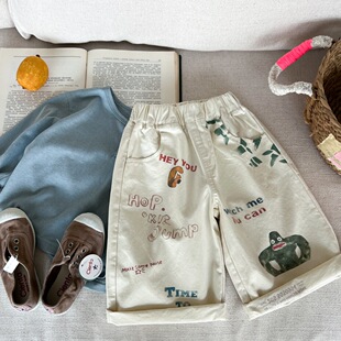 儿童洋气满印休闲裤2026春款新品女童直筒裤男童韩版纯棉阔腿裤潮