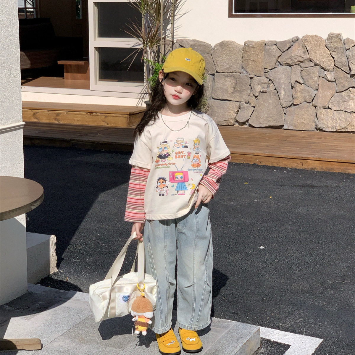 2026春季新款 女童条纹假两件长袖打底衫时髦牛仔弯刀裤子韩系新