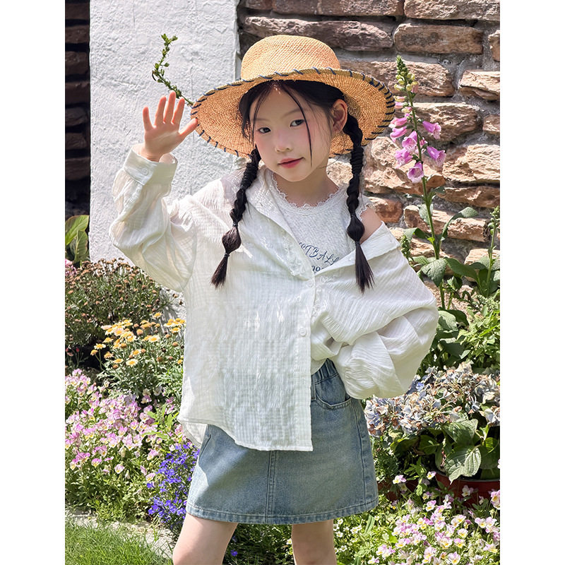 韩系夏装新女童夏日轻薄透气防晒衬衫韩系慵懒皱感肌理防晒衣外套
