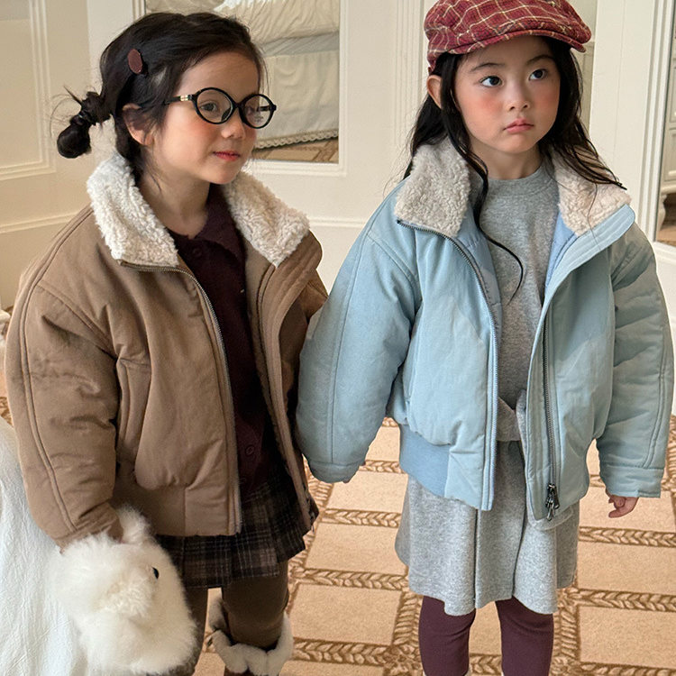 童装外套毛领2025冬装新款韩版男女童纯色巴恩风立领拉链棉衣外套