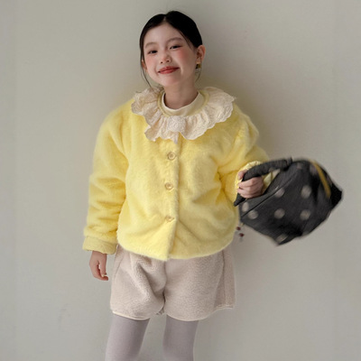 童装2025冬季新款女童蕾丝花边领仿皮草外套甜美夹棉加厚保暖冬装