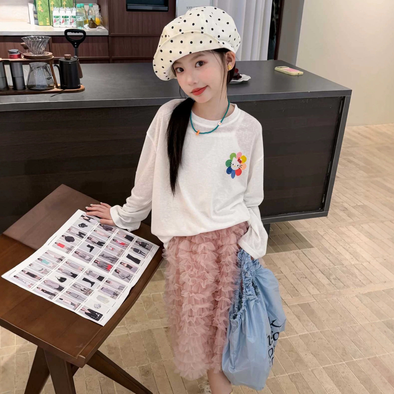 女童太阳花T恤衫2026秋季新款儿童卡通猫印花宽松上衣可爱打底衫