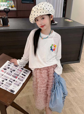 女童太阳花T恤衫2026秋季新款儿童卡通猫印花宽松上衣可爱打底衫
