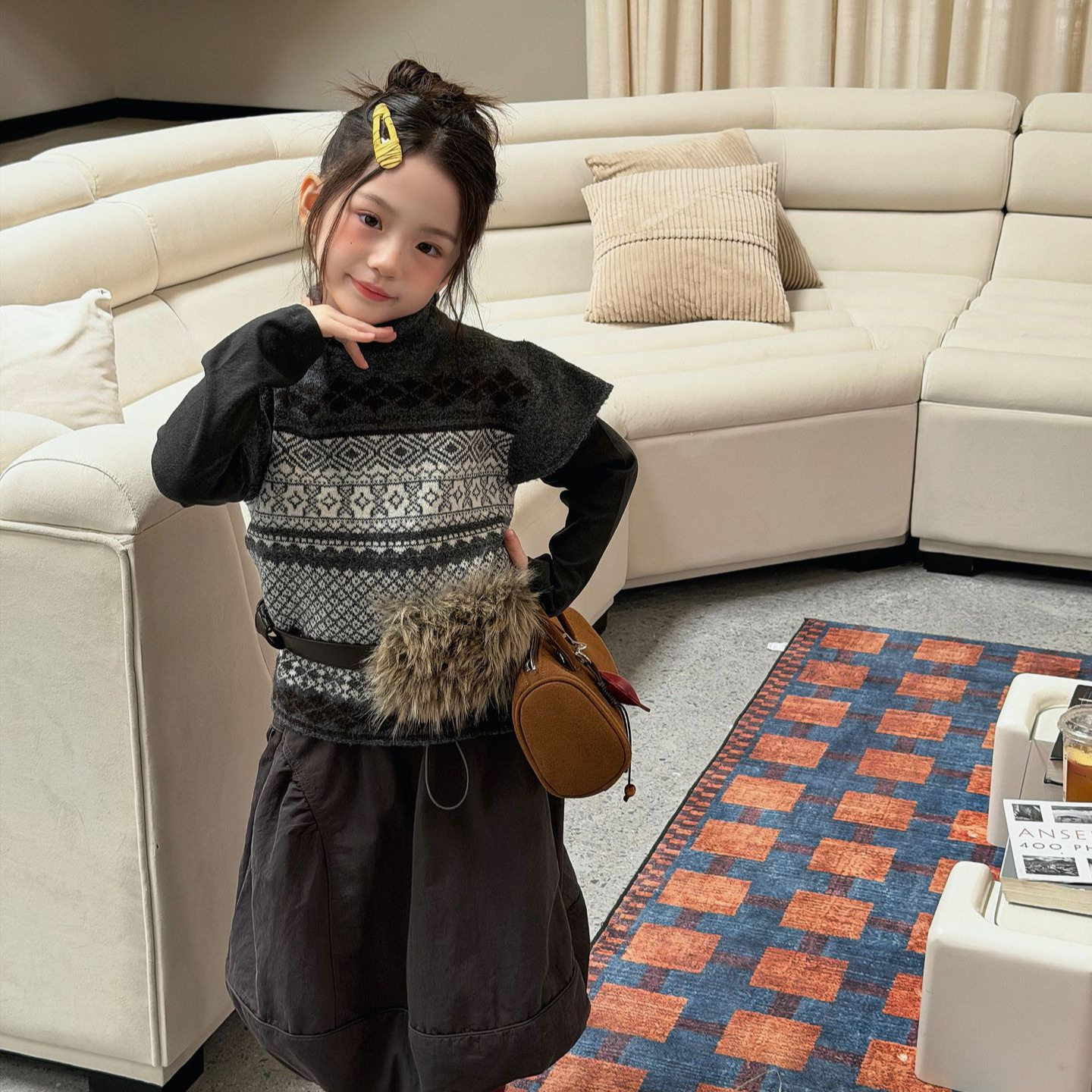 韩系女童2026秋季新款毛衣针织衫儿童半袖毛线衣钩花半高领马甲潮