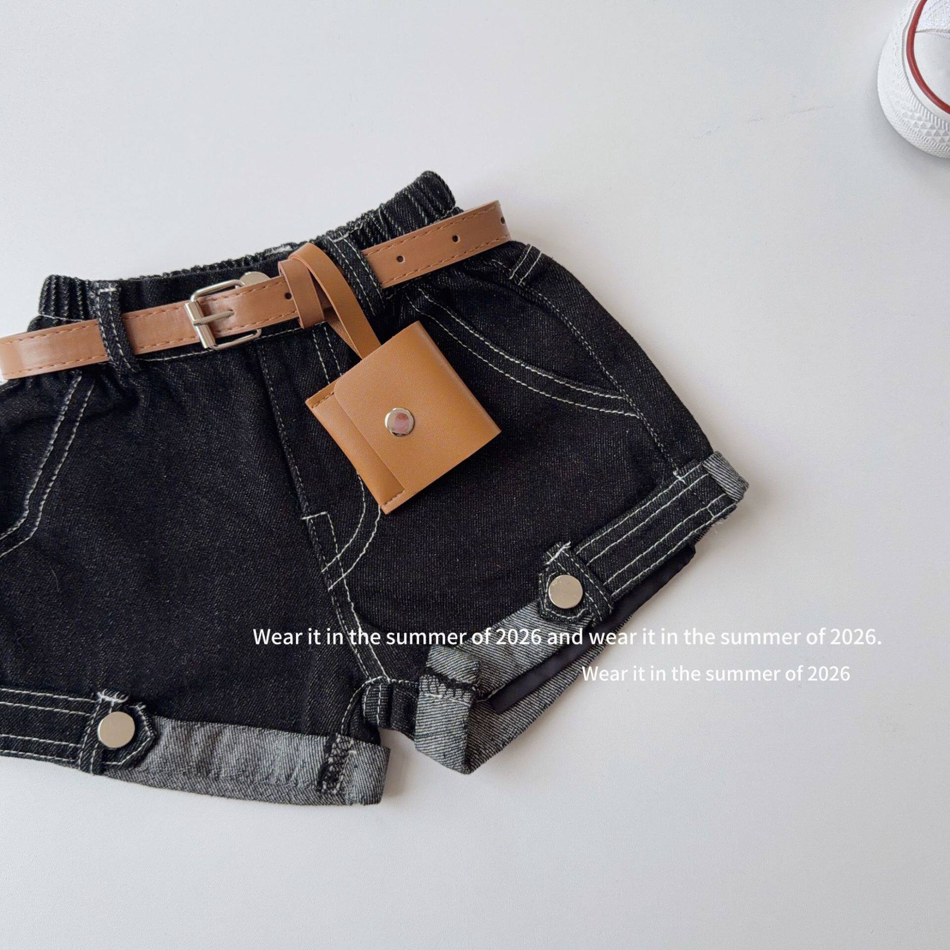 【送皮带】2026女童夏季纯色卷边牛仔设计休闲宽松短裤子夏装韩系