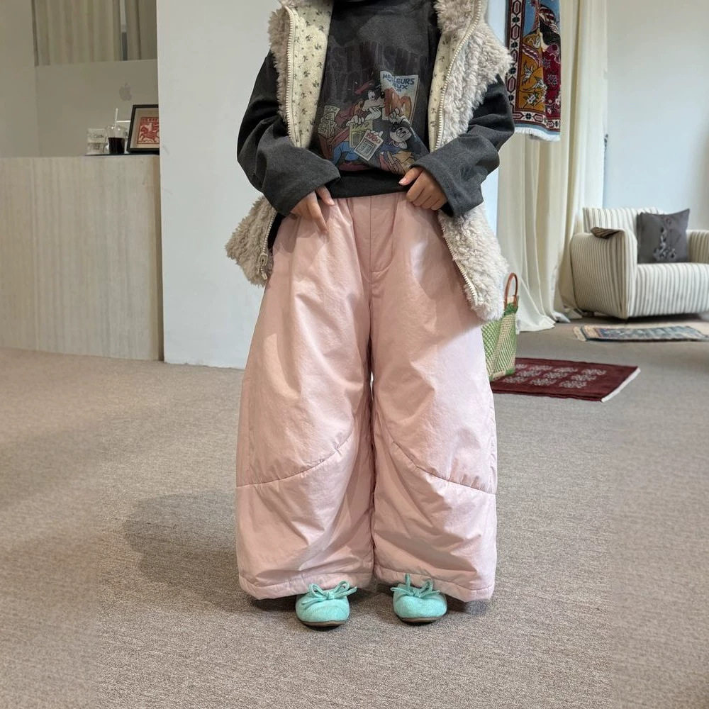冬装童裤2026冬季女童韩版纯色拼接阔腿裤儿童加厚夹棉弯刀长裤子