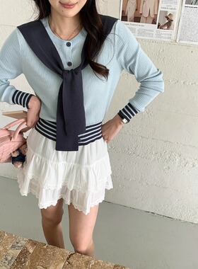 Chic Studio 减龄学院风 设计感条纹撞色披肩针织开衫