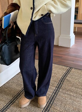 Chic Studio 经典丹宁蓝 梨形身材窄版直筒薄绒牛仔裤