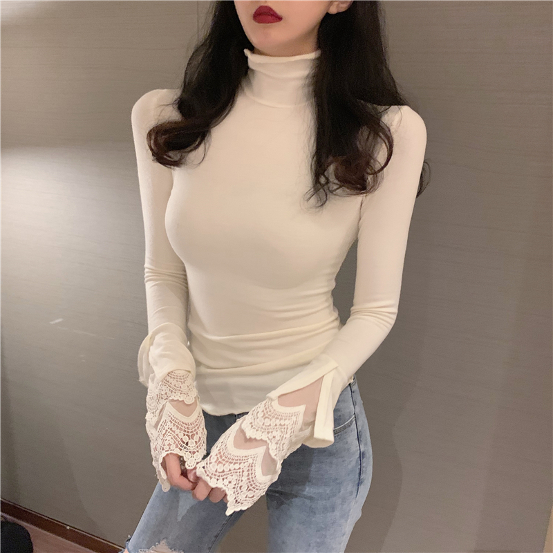 Real shot real price exquisite lace stitching cuffs high collar long sleeve slim bottoming top