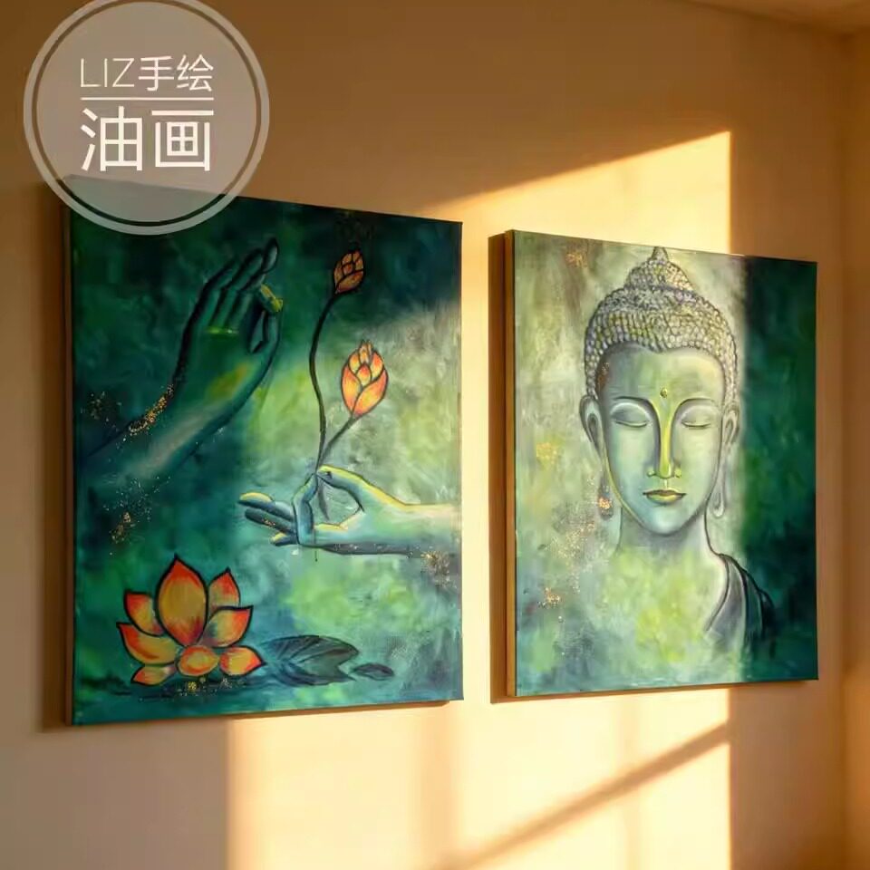中式禅房茶室装饰画手绘佛头佛手青绿油画玄关客厅治愈系禅意挂画