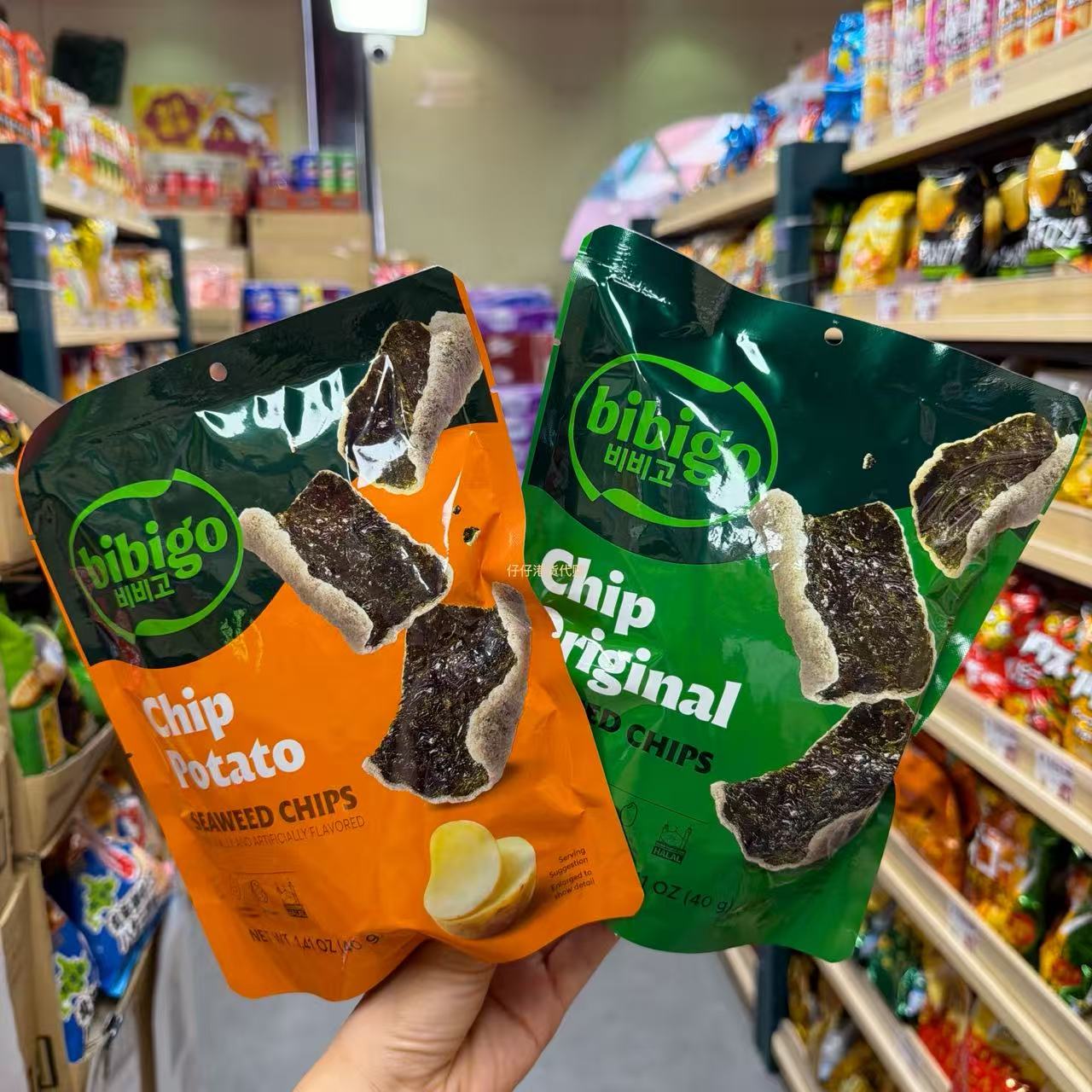 香港代购韩国进口bibigo必品阁海苔脆片锅巴糯米脆片休闲零食袋装